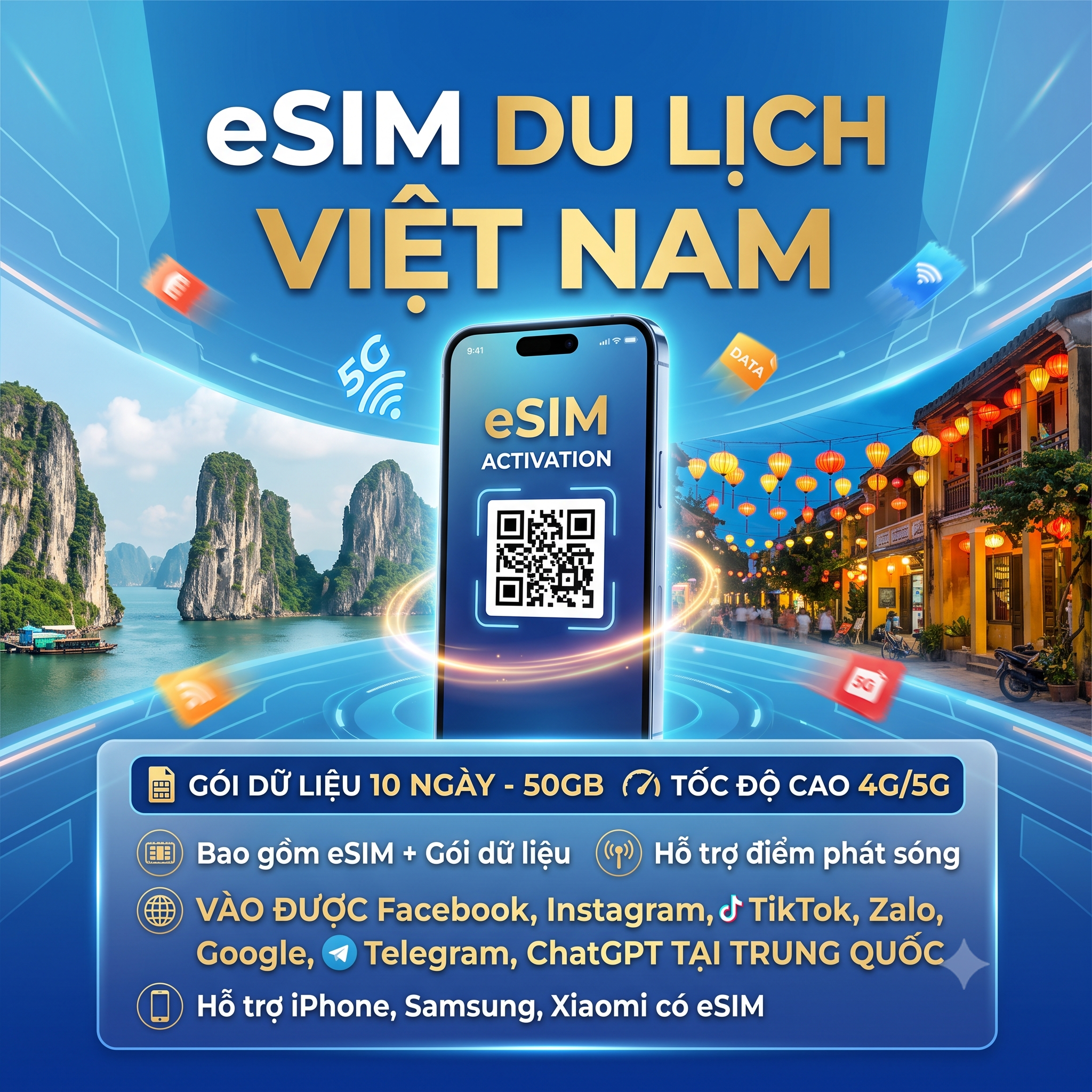 eSIM Du Lịch Việt Nam Gói dữ liệu 10 ngày - 50GB Tốc Độ Cao 4G/5G | Mã QR